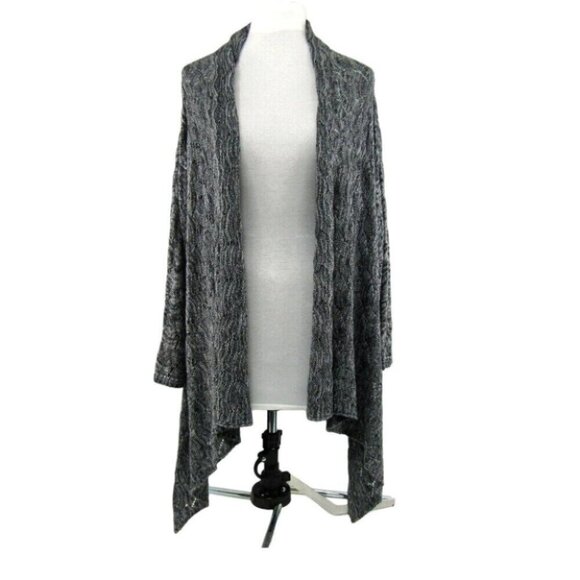 Chicos Gray Heather Cardigan Sweater Womens Size M 1 Sharkbite Hem Open Weave - Picture 1 of 11